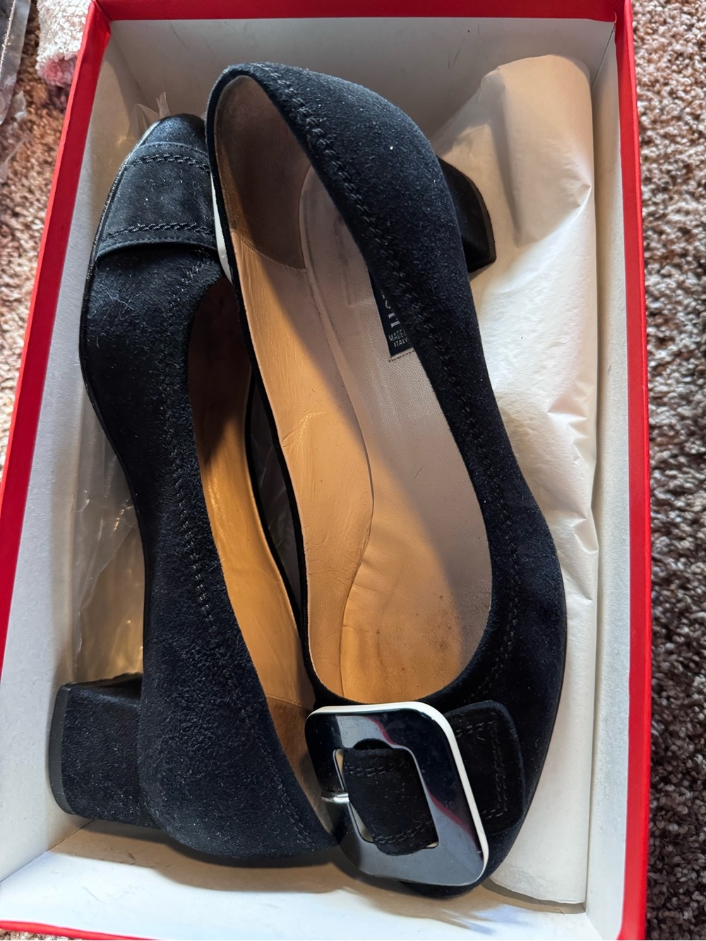 Ara Black Suede Low Block Heel Pumps with Silver Buckle